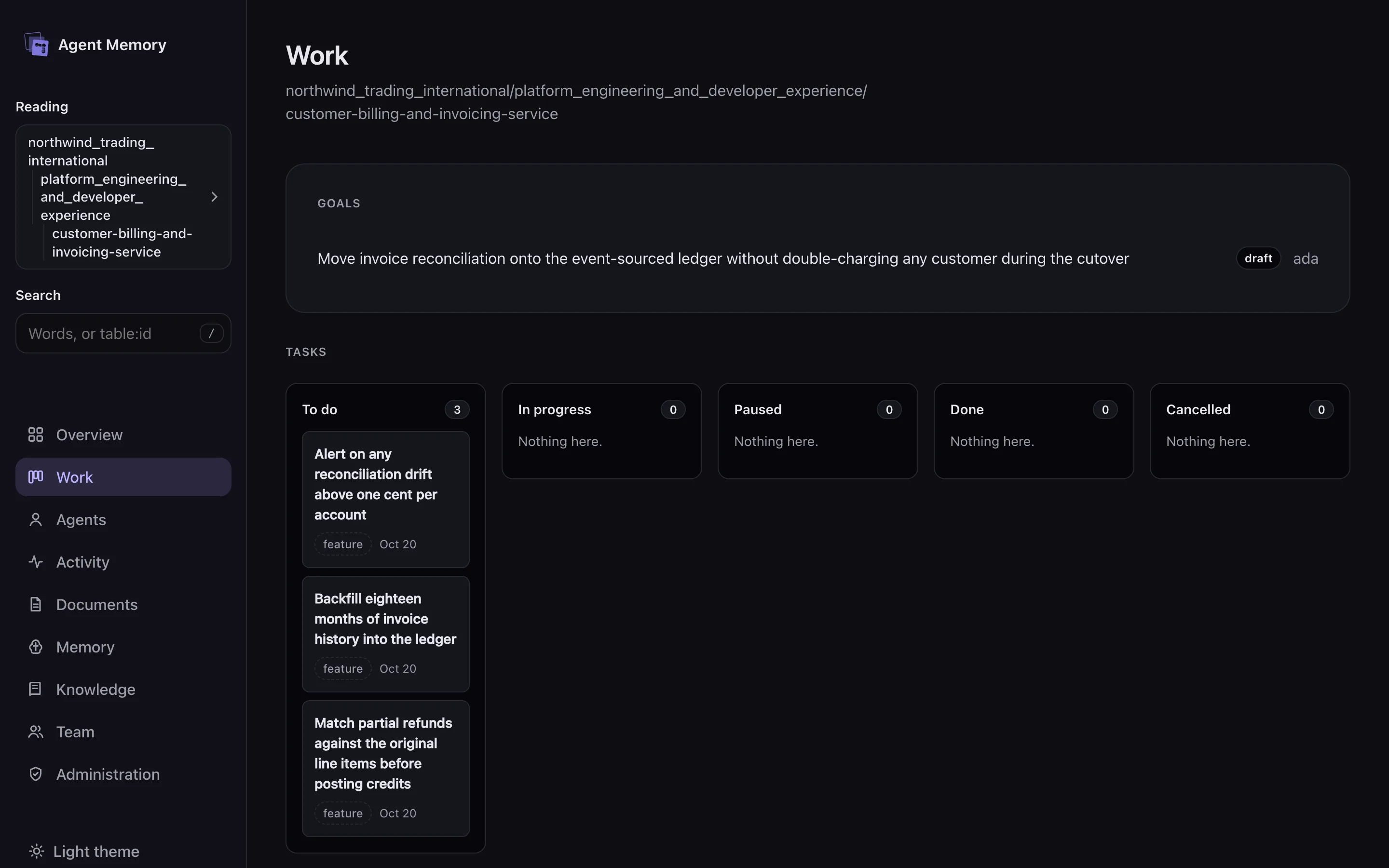The work screen: a goal above a task board.