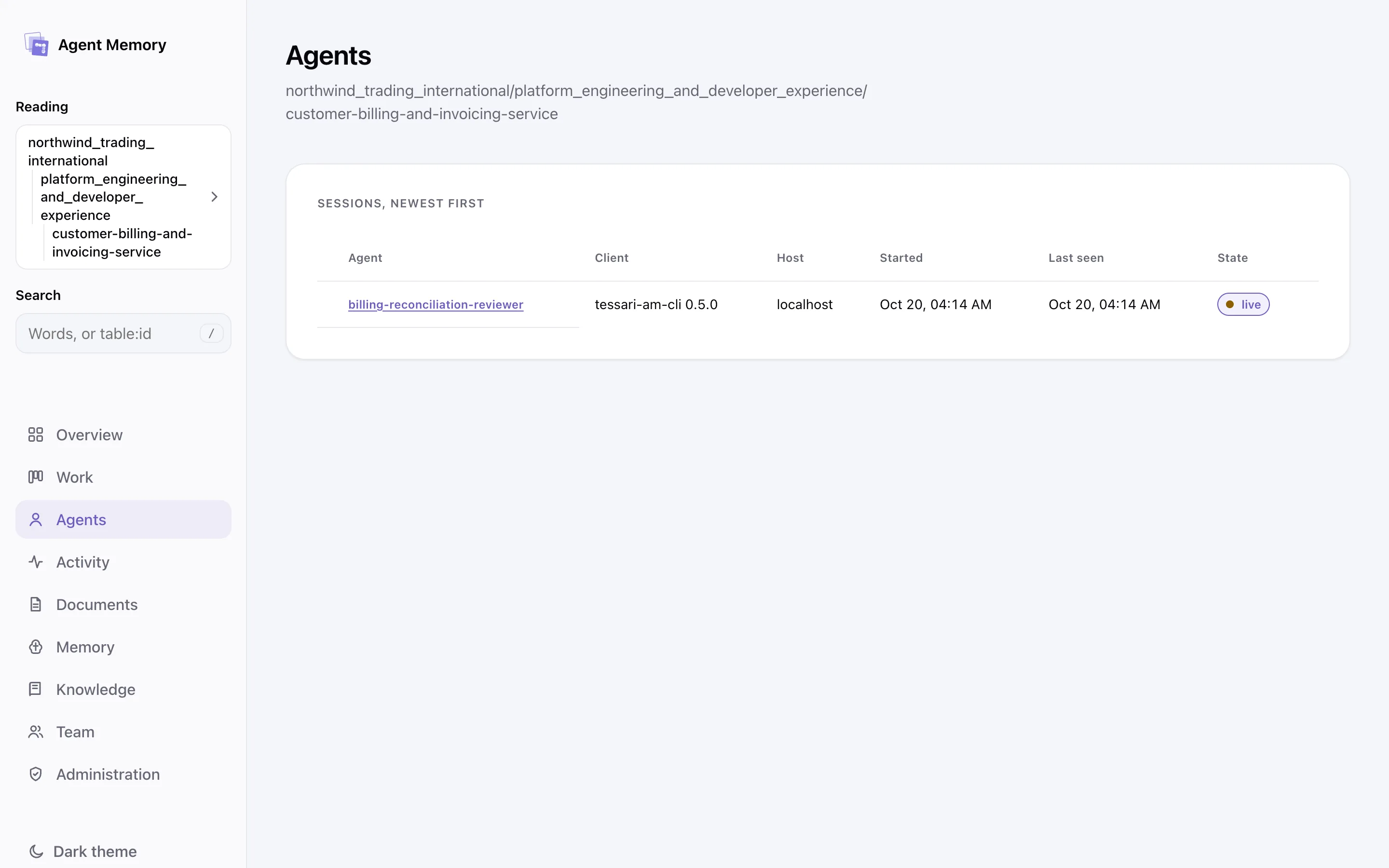 The agents screen: the sessions working in one project.